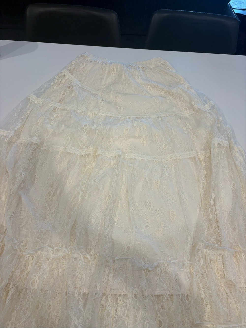 Forte Cream Lace Tiered Maxi Skirt with Elastic Waist